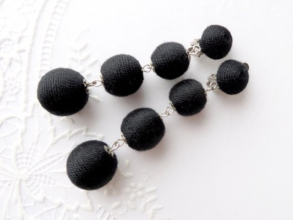 Black Bon Bon Earrings Les bonbon earrings Cotton Thread balls Pom Pom Earrings Ball drop Long ea... | Etsy (UK)