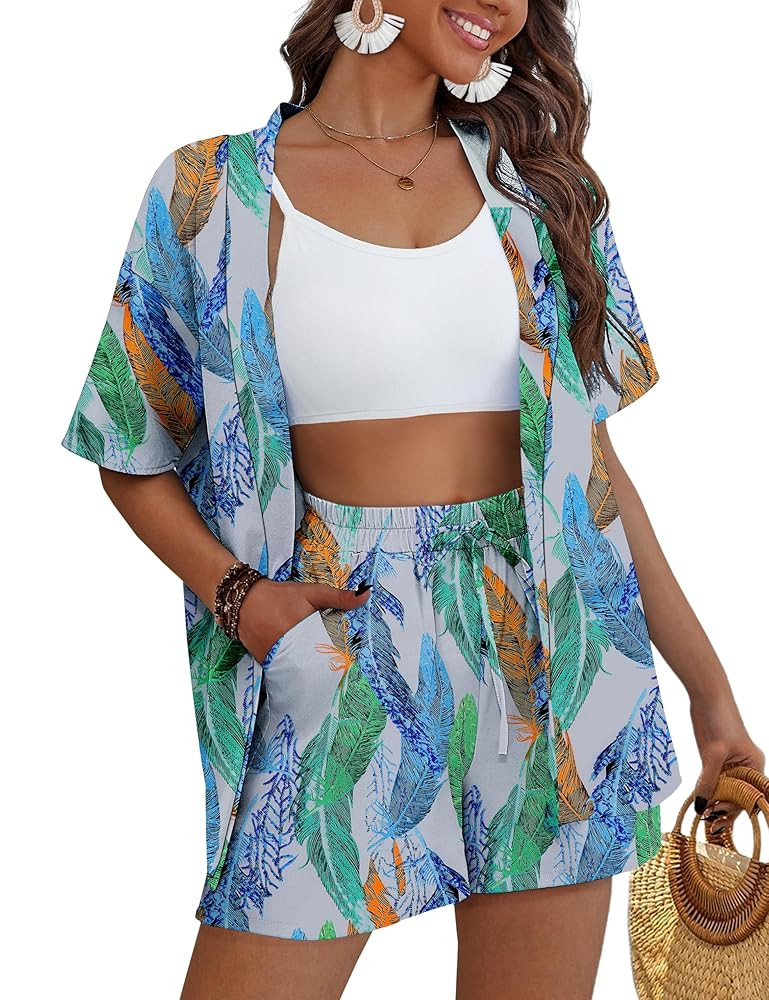 REDHOTYPE Women's 2 Piece Outfits Kimono Style Tropical Print Cover Ups Half Sleeve Blouse Shorts... | Amazon (US)