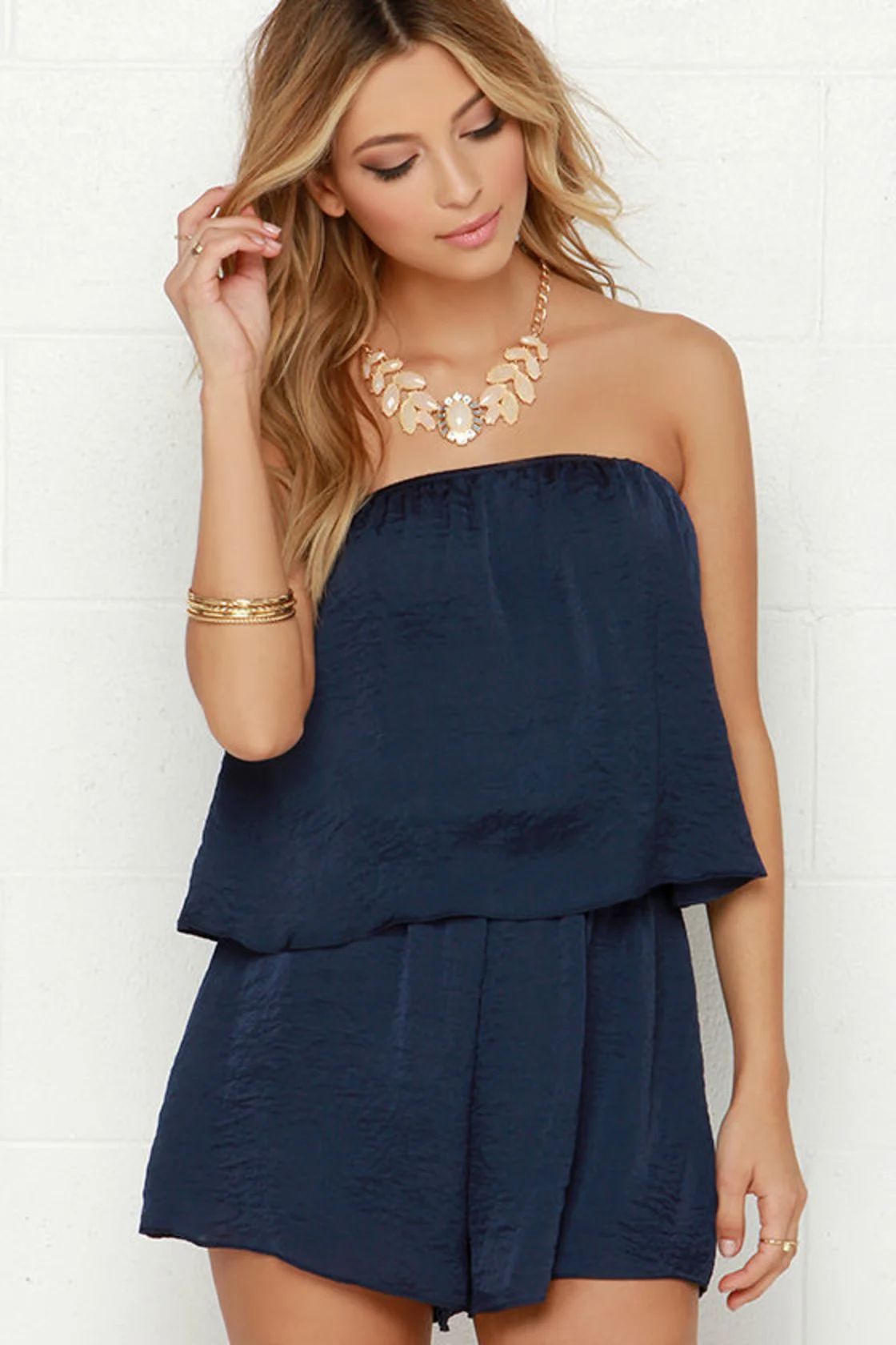 Waves They Roll Navy Blue Strapless Romper | Lulus (US)