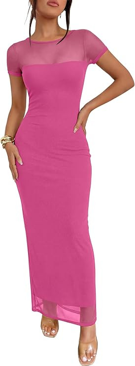Caracilia Women's Summer Bodycon Formal Maxi Dress 2026 Short Sleeve Mesh Wedding Guest Cocktail ... | Amazon (US)