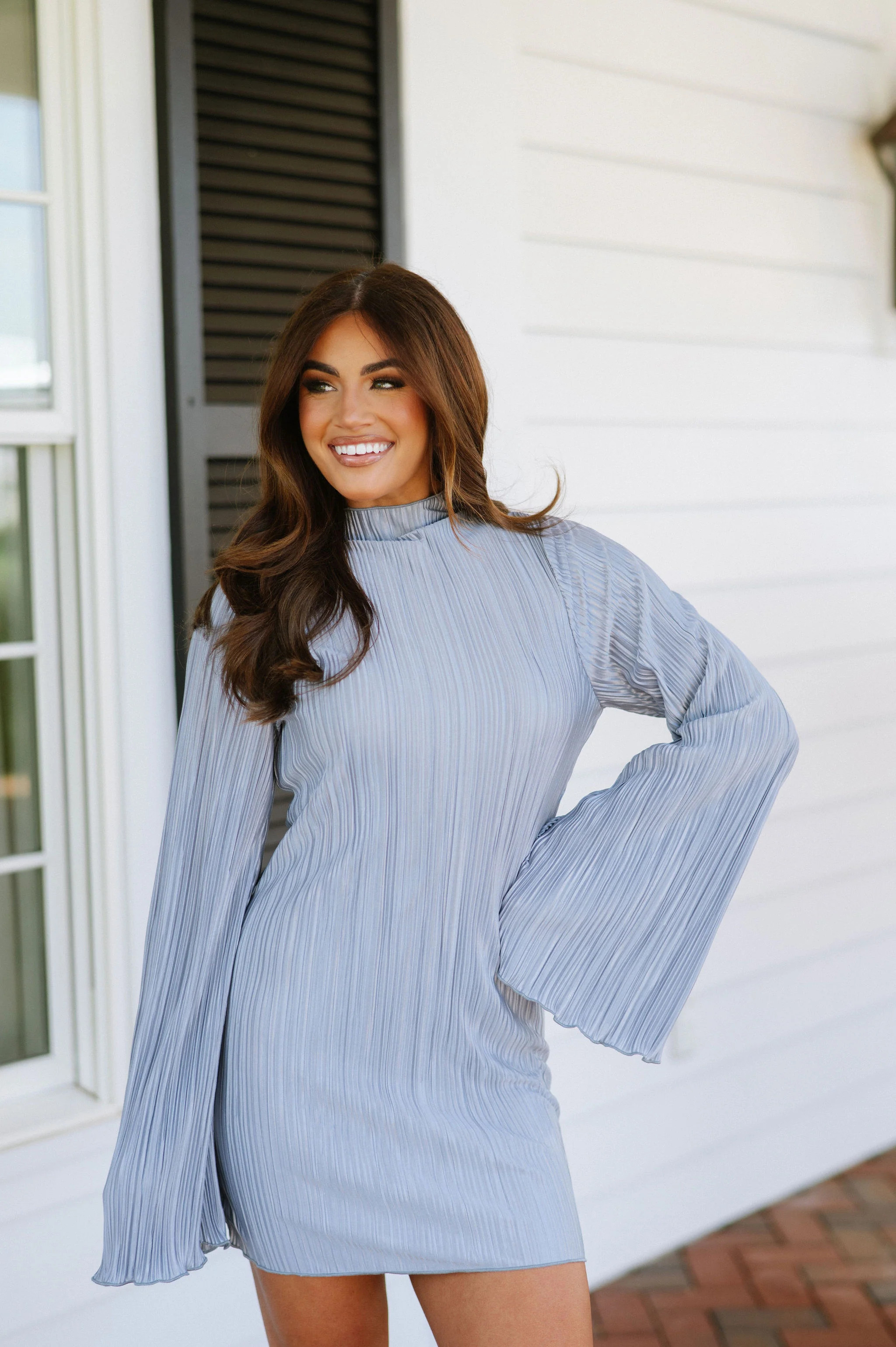 Mock Neck Pleated Mini Dress-Slate Blue | These Three