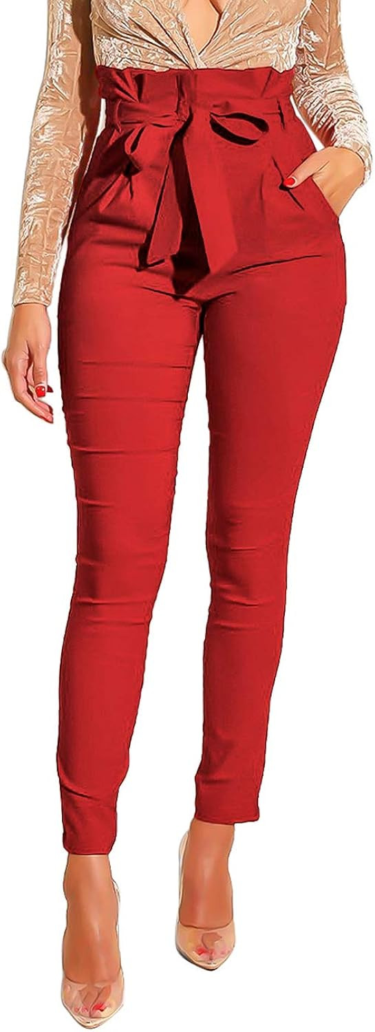 Ohvera Women's All Occasions Paper Bag Waist Pants Trousers with Tie Pockets | Amazon (US)