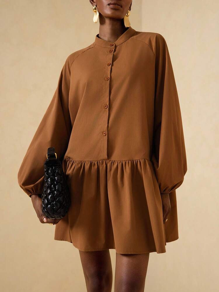 Vesra Women's Simple Solid Color Raglan Lantern Sleeve Single-Breasted Ruffle Hem Casual Short Dress Fall Cloth For Women | SHEIN