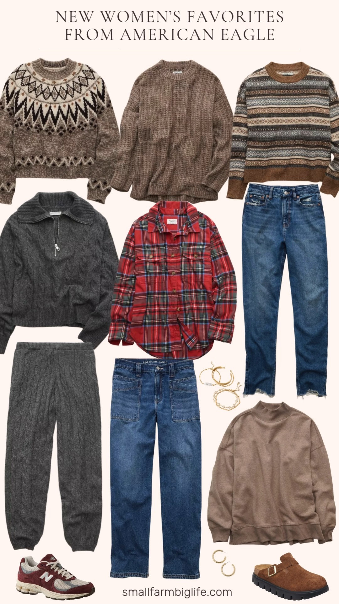 Cozy, classic, and effortlessly stylish 🤍🍂 My new women’s favorites from American Eagle include fair isle and cable knit sweaters, plaid flannels, jeans, brown clogs, and New Balance sneakers. They are perfect for everyday fall and winter looks. These comfy, timeless pieces make casual dressing feel extra cute this season! Grab your favorites while they are on sale. 

 #LTKOver40 #LTKSaleAlert #LTKFindsUnder100