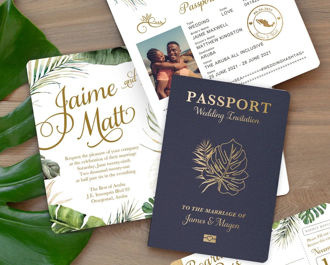 Destination Wedding Passport Invitation Set Tropical Beach Palm Leaf Leaves With Green Foliage by... | Etsy (US)