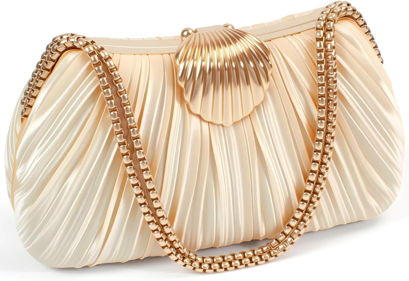 Gold Satin Clutch Evening Bag for Women – Elegant Pleated Wedding Party Purse with Chain Strap,... | Amazon (US)