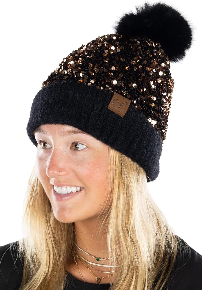 Funky Junque Women's Sequin Pom Beanies – Soft Knit Sparkly Bling Winter Hats for Women, Faux F... | Amazon (US)