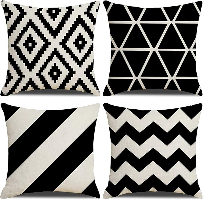 Black White Geometric Linen Throw Pillow Covers Set of 4 Decorative Black White Geometric Square Pil | Amazon (US)