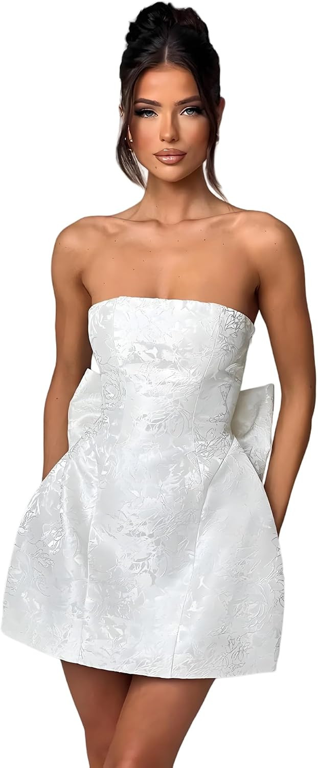 JUMISEE Embroidery Satin Homecoming Dress with Bow Modest Strapless Mini Dresses A Line Short Prom Dress Party Gown | Amazon (US)