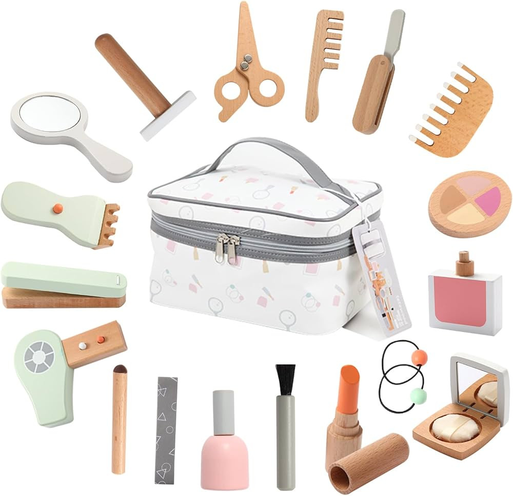 Wooden Kids Makeup Toy Set, Girls Pretend Cosmetic Bag Toys, Play House Beauty Salon Game, Birthd... | Amazon (US)