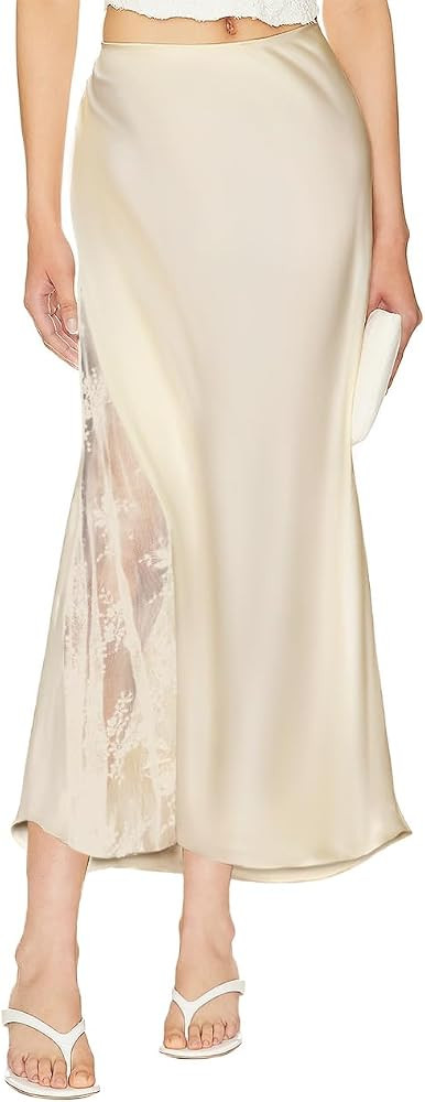 Women's Satin Silk Skirts A Line Flowy Ruffle Floral Lace Splicing Cocktail Party Maxi Long Skirt | Amazon (US)