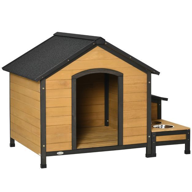 PawHut Wooden Outdoor Dog House, Cabin-Style Pet House with Feeding Bowls, Asphalt Roof, Storage ... | Target