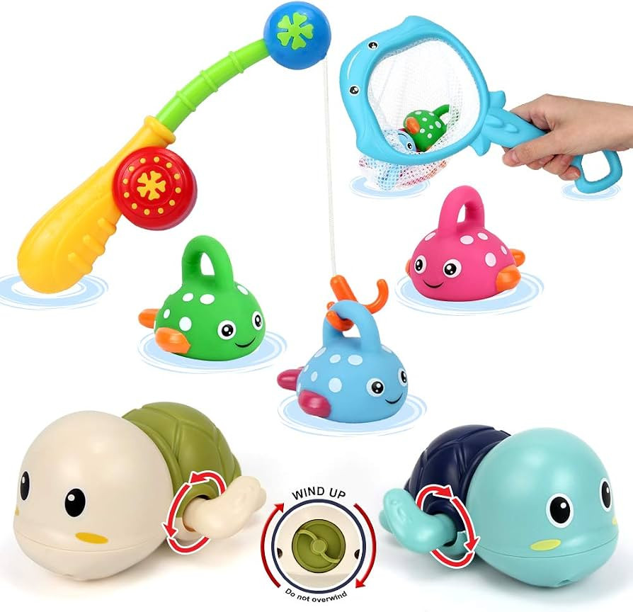 Bath Toys Fish Set, Fishing Game w/ Swimming Tortoise, Fishing Pole & Net, Fish Game Bathtub Wate... | Amazon (US)