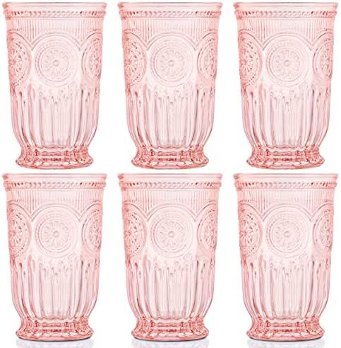 Pink Glassware set of 6 vintage drinking glasses, Dishwasher safe colored glassware with matching... | Amazon (US)