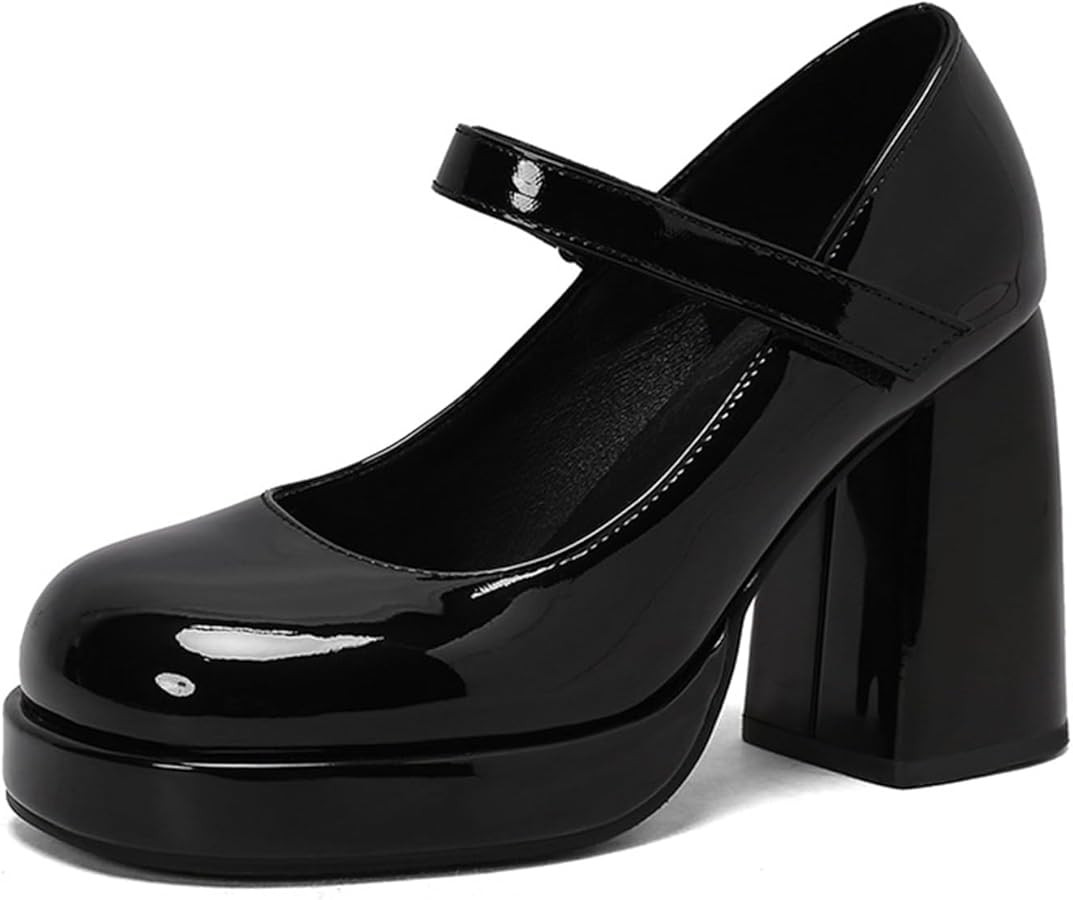 Women's Patent Leather Platform Chunky Heels Mary Jane Shoes Round Toe Comfort Hook and Loop Dres... | Amazon (US)