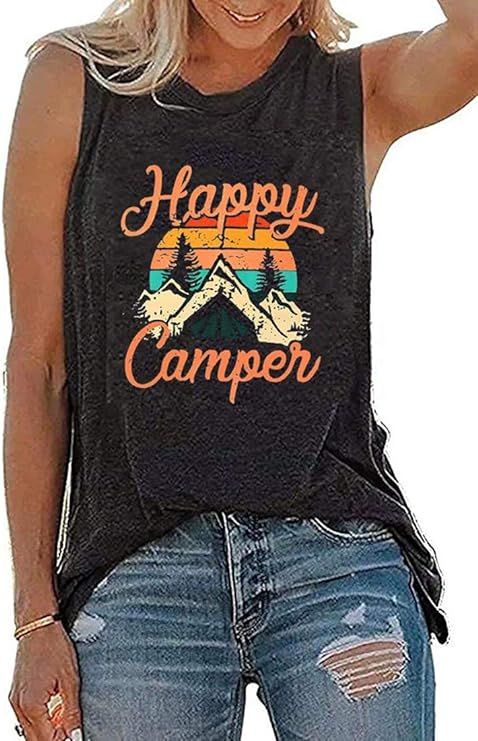 Tank Tops for Women Happy Camper Tank Top Sleeveless Graphic Tee Shirts Loose Fit Vest Tees | Amazon (US)