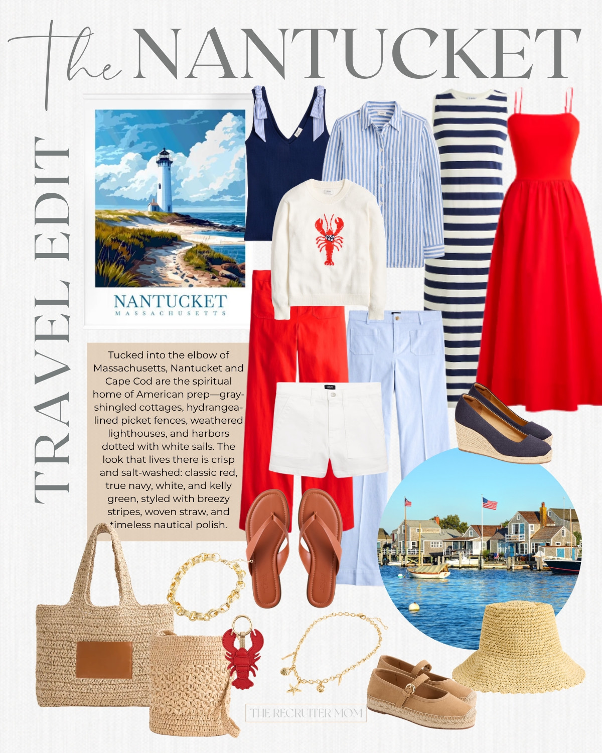 Tucked into the elbow of Massachusetts, Nantucket and Cape Cod are the spiritual home of American prep—gray-shingled cottages, hydrangea-lined picket fences, weathered lighthouses, and harbors dotted with white sails. The look that lives there is crisp and salt-washed: classic red, true navy, white, and kelly green, styled with breezy stripes, woven straw, and timeless nautical polish.

#LTKSeasonal #LTKMidsize #LTKTravel