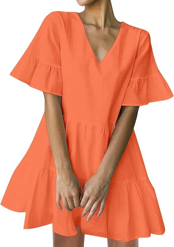 FANCYINN Women’s Cute Shift Dress with Pockets Fully Lined Bell Sleeve Ruffle Hem V Neck Loose ... | Amazon (CA)