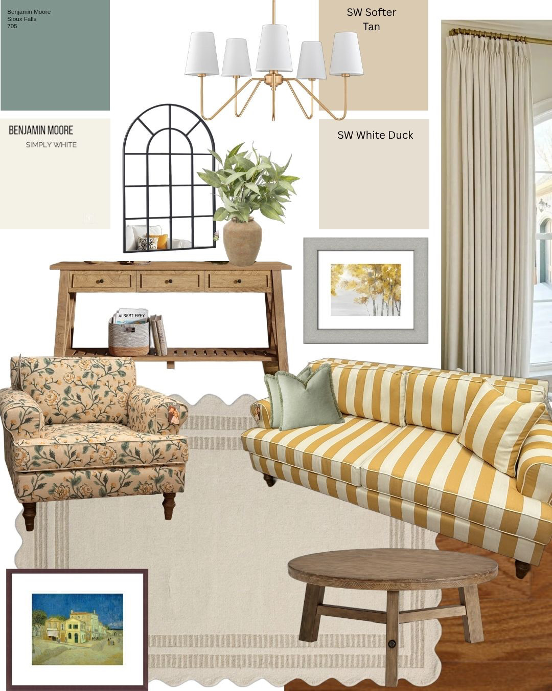 Sofa was the inspiration behind this mood board. The client had this striped yellow sofa and needed decor to work with it. Soft colours, drapery, and a scalloped rug puts in all into perspective.

#yellowdecor #springdecor #mothersday #humandesinger #designertips #designerstyle #wayfairdeals #wayfaircreator #amzonmusthaves #amazondeals #art #livingroom #sittingroom #ceilinglights @benjaminmoore @besthomefurnishings @potterybarn  

 #LTKhome #LTKstyletip #LTKfamily