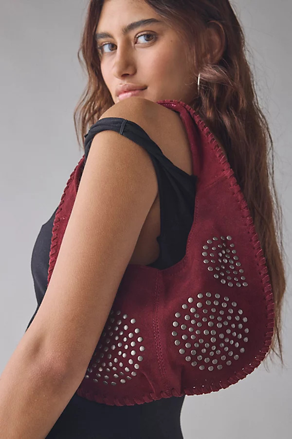 Silence + Noise Ivy Studded Suede Hobo Bag in Maroon, Women's at Urban Outfitters | Urban Outfitters (US and RoW)