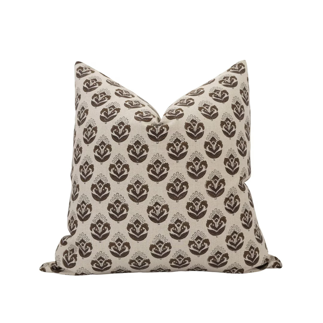 AMARA Designer Olive and Brown Floral Linen Pillow Cover Indian Block Print Pillow Farmhouse Pill... | Etsy (US)