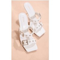 White Pu Square Toe Double Buckle Mid Heeled Mules | PrettyLittleThing US