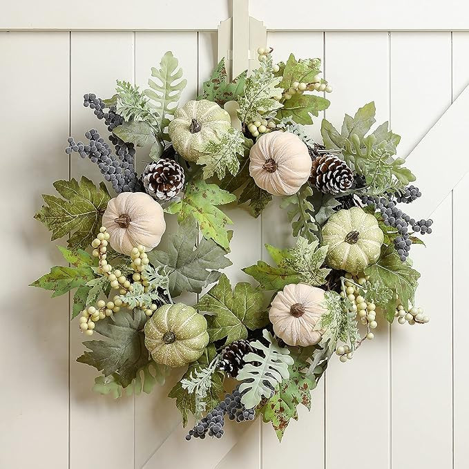 Glitzhome Artificial Fall Wreath - 22" D Autumn Wreath with Green Maple Leaves Pumpkins Pinecones... | Amazon (US)