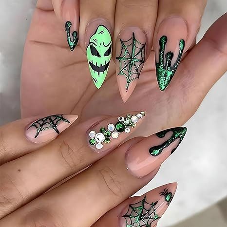 Halloween Press on Nails Medium Almond Fake Nails Nude Full Cover Green Spider Web Nightmare Chri... | Amazon (US)