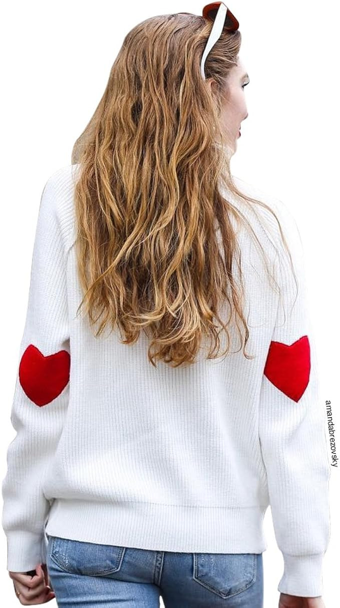 CHICWISH Women's Comfy Casual Long Sleeve Heart Shape Patched Grey/White/Navy Knit Top Pullover S... | Amazon (US)