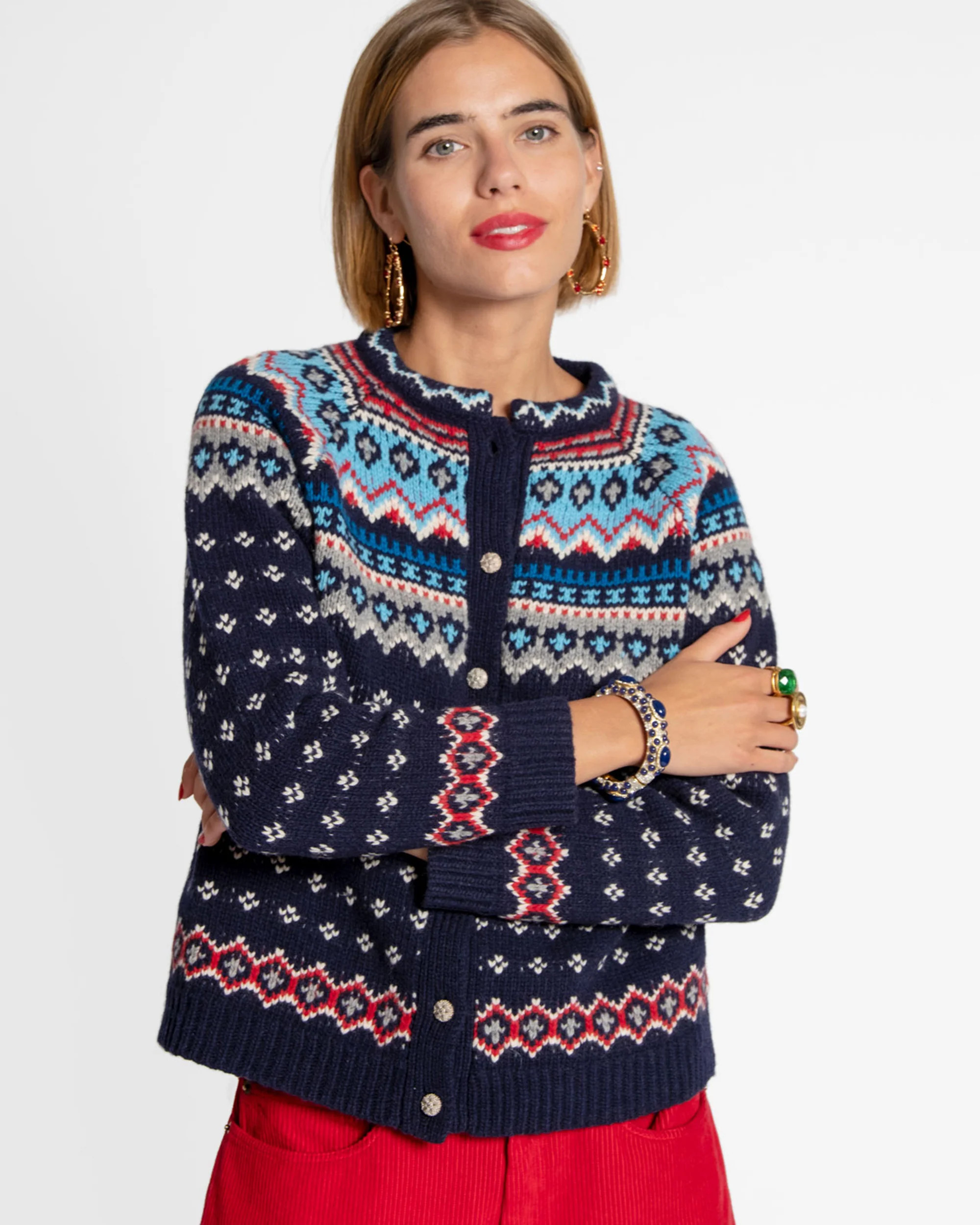 Fair Isle Cardigan Sweater Dark Blue (1XL) | Frances Valentine