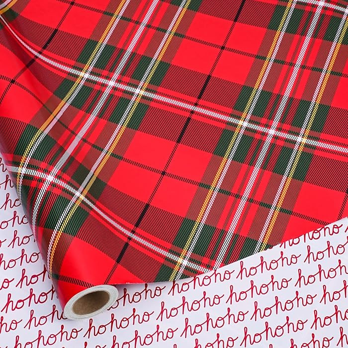 BIOBROWN Reversible Christmas Wrapping Paper - 17 Inch X 33 Feet (46.7 sq. ft. ttl.) - Red Tartan... | Amazon (US)