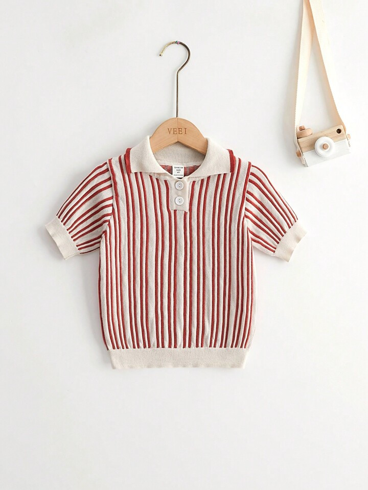 Young Boys' Half Buttoned Simple Striped Knitted Top For Summer | SHEIN USA | SHEIN