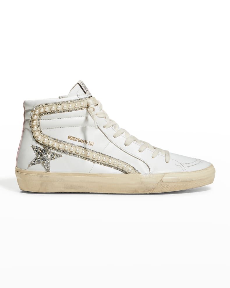 Golden Goose Slide Mid-Top Glitter Pearly-Stud Sneakers | Neiman Marcus