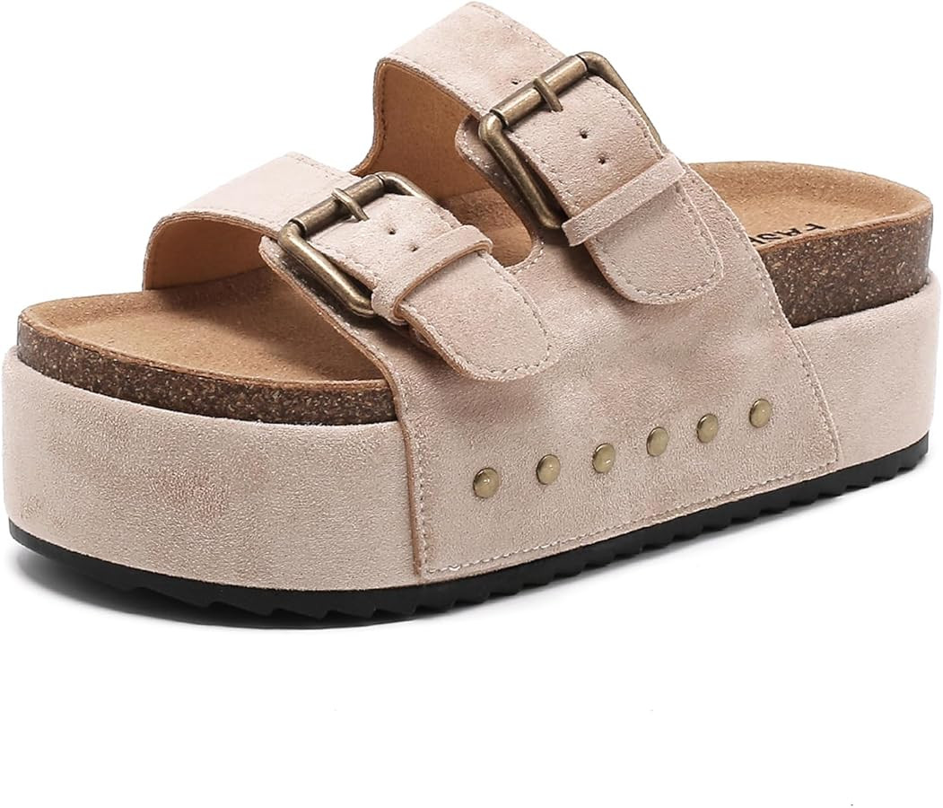 XTJSCBDSH Platform Sandals Women, Suede Cork Sandals Adjustable Buckles Slip on Slides Open Toe W... | Amazon (CA)