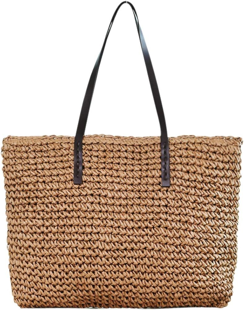 Ayliss Women Straw Woven Tote Large Beach Handmade Weaving Shoulder Bag Handbag (Khaki) | Amazon (US)