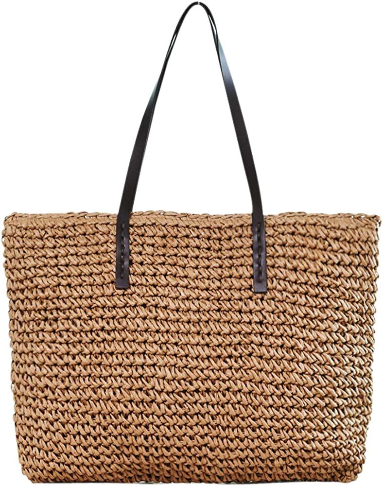 Ayliss Women Straw Woven Tote Large Beach Handmade Weaving Shoulder Bag Handbag (Square Khaki #2) | Amazon (US)