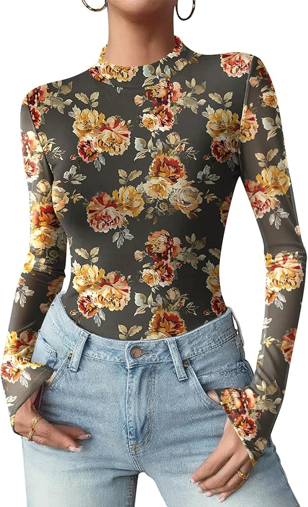 Zeagoo Womens Floral Mesh Long Sleeve Tops See Through Going Out Blouses Mock Neck Sheer Party Ou... | Amazon (US)