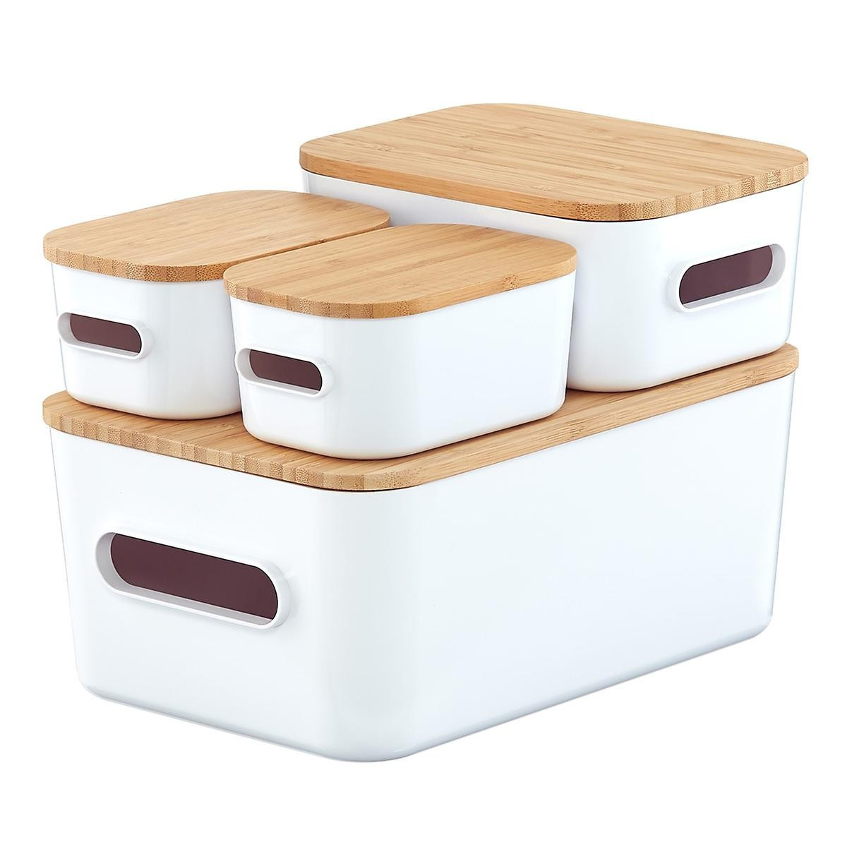 SmartStore White Compact Plastic Bins 4-Pack with Bamboo Lids | The Container Store