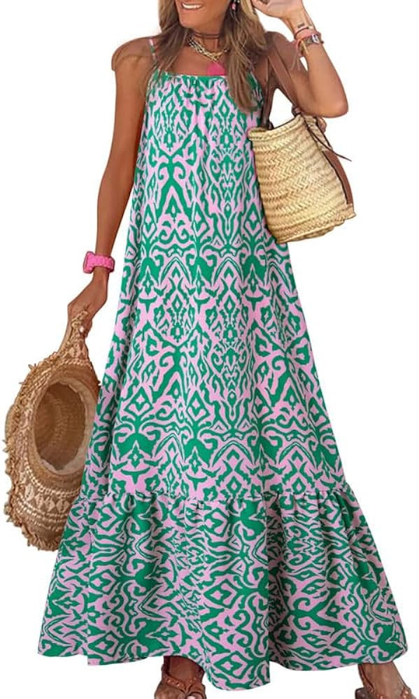 Dokotoo Women Summer Dresses 2024 Spaghetti Strap Scoop Neck Smocked Ruffle Flowy Boho Maxi Dress | Amazon (US)