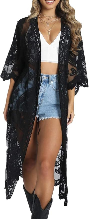 Bsubseach Women Sexy Open Front Beach Cover Up See Through Kimono Cardigan | Amazon (US)