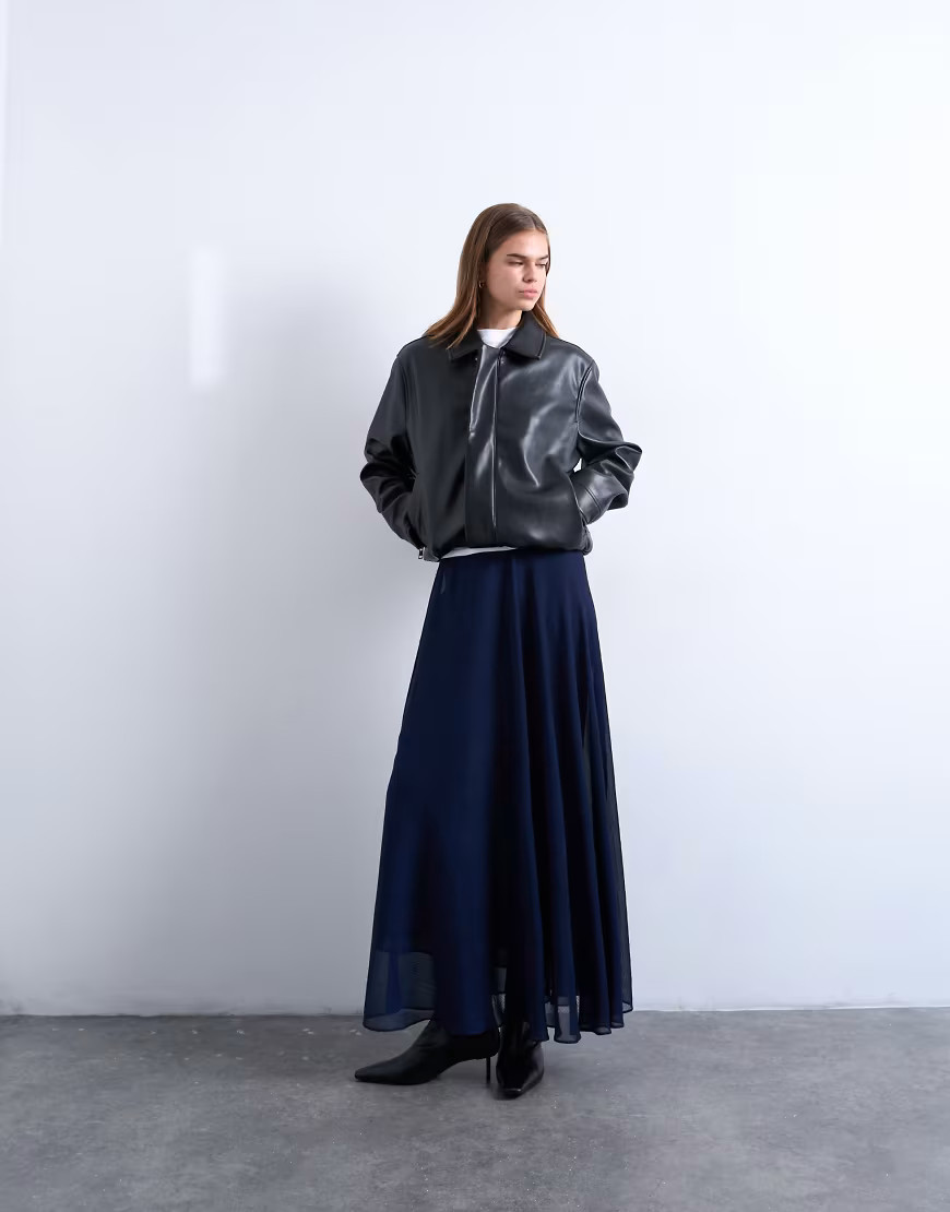 Topshop sheer full circle chiffon maxi skirt in navy-Blue | ASOS (Global)