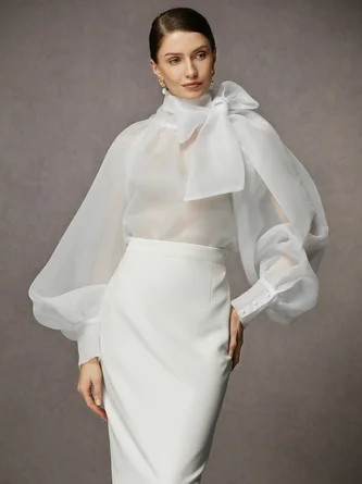 Women Elegant White Sheer Fabric Blouses Balloon Chiffon Sleeve with Bow Tie Summer For Various O... | Stylewe