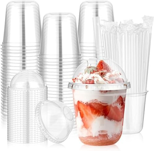 KesaPlan 50 Pcs 12 OZ Clear Plastic Cups with Dome Lids and Straws, Disposable Stemless Glasses P... | Amazon (US)