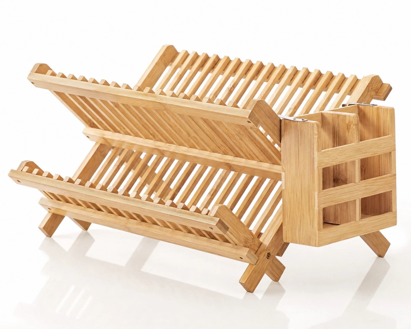 Anqtovp Bamboo Folding Dish Drying Rack 2 Tier Collapsible Kitchen Drainer with Utensil Holder Set Holds Plates Bowls and Mugs Eco Friendly | Lowe's