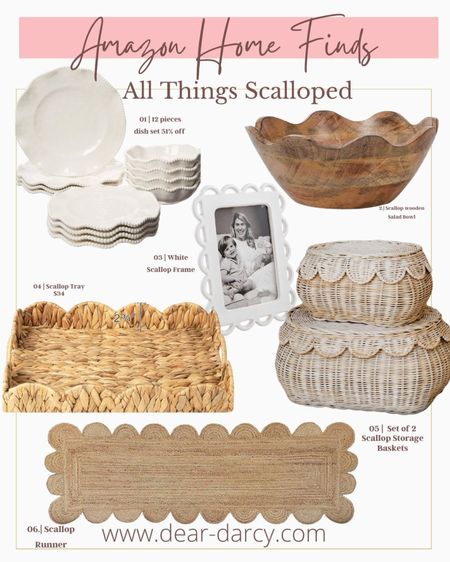 Amazon Home finds 

All things Scalloped:) are you loving the scalloped edge like I am🤍🤍🤍

Here’s a few things I am loving a couple I’ve purchased for myself, and a couple I’ve given as gifts🤍🎁

The scallop 12 pieces dish set is 51% off 
Now $70

Scalloped wooden salad bowl 

Scalloped frame

All great wedding or bridal shower gifts 

The scallop try so good for kitchen to hold oils or spices or creat a small coffee area, also cute on island with a couple books a candle and plant

Perfect in bathroom to hold hand towels and jar of soaps 

On vanity for make up or on coffee table with books a photo and flowers

The table runner is just darling on dining table, coffee table of sofa table 

These stackable baskets can be used anyway for storagee

#LTKhome #LTKGiftGuide #LTKsalealert