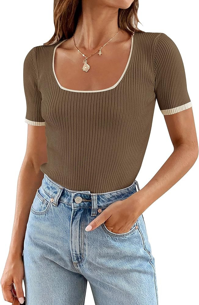 ZESICA Women's Short Sleeve Square Neck T Shirts 2024 Summer Slim Fitted Ribbed Knit Basic Casual... | Amazon (US)
