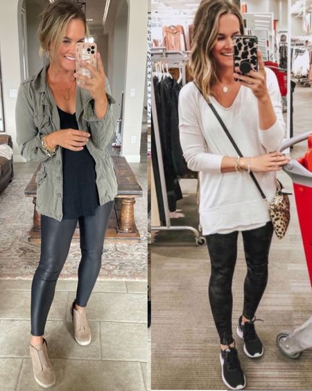 Spanx faux leather leggings on sale. Solid are 20% off camo are 50% off. In my normal medium petite in both #spanx #cybermonday 

#LTKunder50 #LTKsalealert #LTKCyberweek