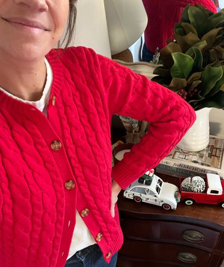 Red cable knit cardigan , favorite white tee, and high rise dark jeans 

#LTKfindsunder50 #LTKHoliday #LTKparties