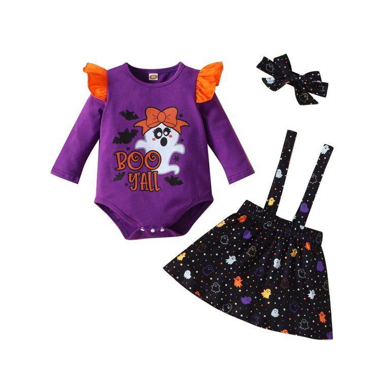MIHOLL Baby Girls Halloween 3PCS Clothing Set Long Sleeve Romper Suspenders Skirt Headband Girl O... | Walmart (US)
