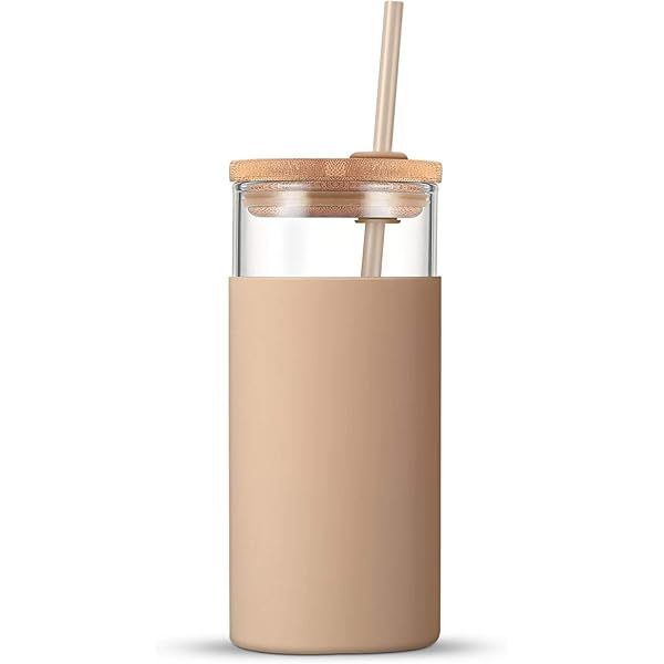 Diller Glass Tumbler with Straw 16oz Glass Water Bottle with Silicone Protective Sleeve Bamboo Li... | Amazon (US)